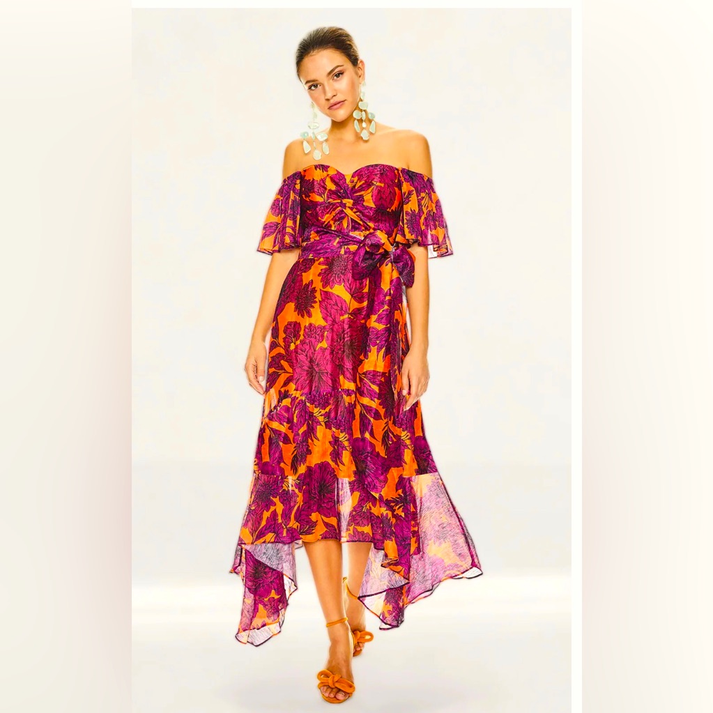 Talulah Floral Las Palmas Orange And Purple Floral Chiffon Midi Dress Size 4